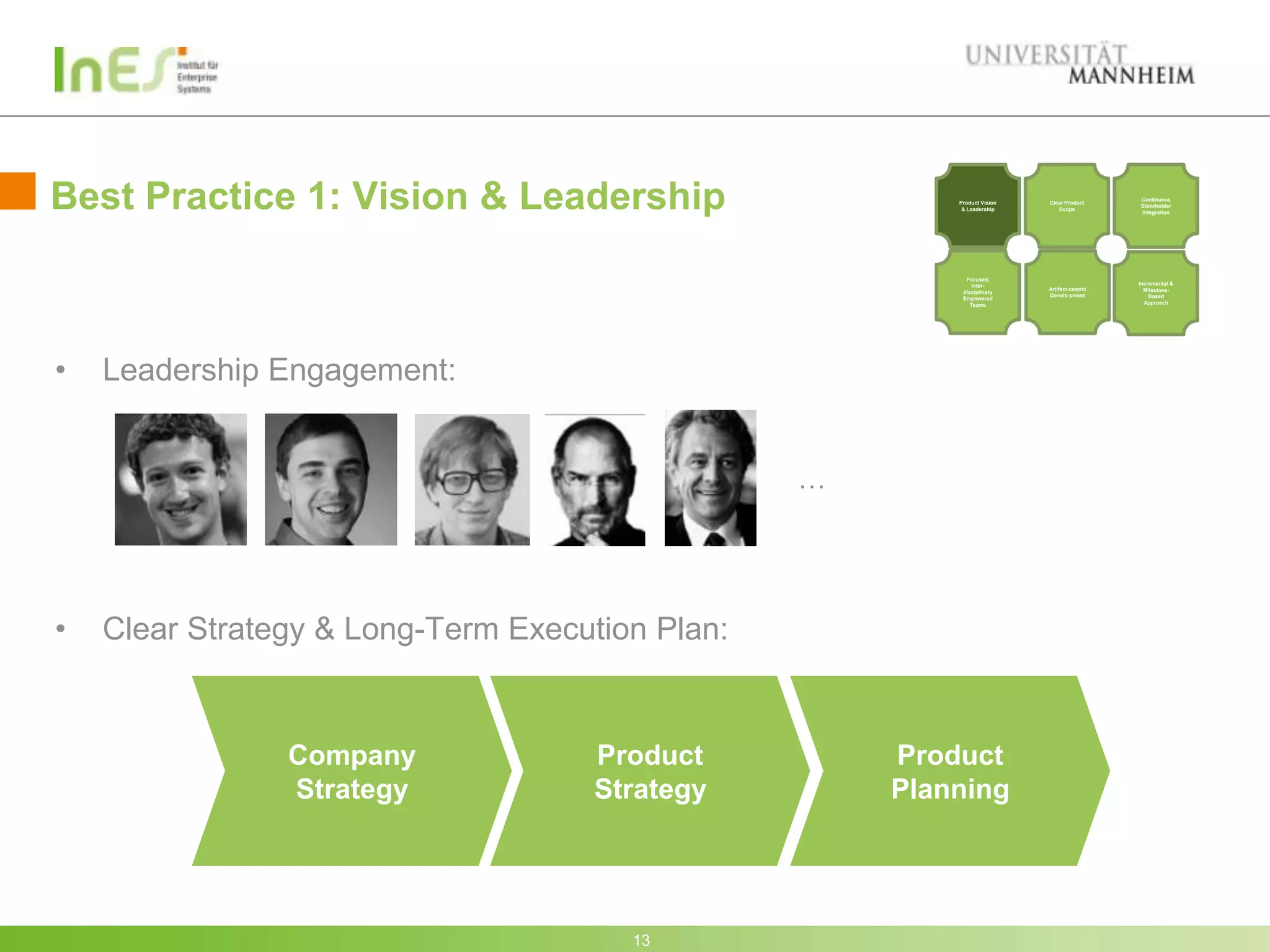 Best Practice 1: Vision & Leadership                     Product Vision
                                                          & Leadership
                                                                          Clear Product
                                                                             Scope
                                                                                             Continuous
                                                                                             Stakeholder
                                                                                             Integration




                                                           Focused,
                                                              Inter-                         Incremental &
                                                                          Artifact-centric     Milestone-
                                                          disciplinary
                                                                          Develo-pment           Based
                                                          Empowered
                                                             Teams                             Approach




•   Leadership Engagement:


                                                 …




•   Clear Strategy & Long-Term Execution Plan:


                Company             Product          Product
                Strategy            Strategy         Planning




                                       13
 