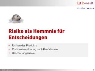 Marktsegmentierung – WIE?

      Ziel der Segmentierung:
      • Aufteilung des Gesamtmarktes in Kundensegmente, die sich
         hinsichtlich der Reaktion auf Marketing-Maßnahmen unterscheiden.
         = Adressierbarkeit!!!

              Ideale Segmente
              – in sich homogen und untereinander deutlich verschieden sein

              Segmentierungskriterien:
              – messbar, zeitlich stabil, Bezug zum Verhalten der Marktteilnehmer,
                Ansprechbarkeit der Segmente gewährleisten.
                     •   Soziodemografische
                     •   Psychologische
                     •   Kauf-, Verhaltens- und Kommunikationsmerkmale
                     •   Medianutzungsverhalten




© 2012, j2 consult                                                                   17
 