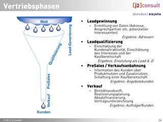Chancen bewerten

        1. Interesse/Bedarfsanalyse verifizieren (NEED)
                     •   „Unser Modell hat einen ganz speziellen Vorteil… Wären Sie daran
                         interessiert, sich Informationen über dieses Modell anzusehen?“

        2. Befugnisqualifizierung (AUTHORITY)
                     •   „Ich vermute, die Unterschrift des Kaufvertrages fällt in Ihren
                         Kompetenzbereich, nicht wahr?“

        3. Preis-Budget-Qualifikation (BUDGET)
                     •   „Unsere Navigationssysteme kosten – je nach Modell – zwischen …
                         und … Euro. Ich kann mir nicht vorstellen, dass dieser Betrag ein
                         Problem für Sie darstellt. Nicht wahr?“

        4. Dringlichkeit ermitteln (TIMELINE)
                     •   „Sicher gibt es auch bei Ihnen im Haus Absprachen. Wann wollen
                         Sie denn mit der Nutzung des Systems starten?“



© 2012, j2 consult                                                                           26
 