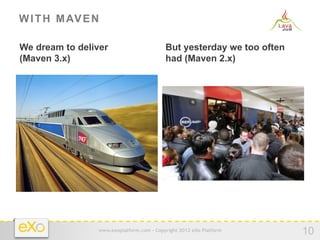 W I T H M AV E N

We dream to deliver                       But yesterday we too often
(Maven 3.x)                               had (Maven 2.x)




                www.exoplatform.com - Copyright 2012 eXo Platform
                                                                       10
 