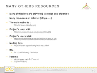 MANY OTHERS RESOURCES

−  Many companies are providing trainings and expertise
−  Many resources on internet (blogs, ….)
−  The main web site :
    −  http://maven.apache.org
−  Project’s team wiki :
    −  http://docs.codehaus.org/display/MAVEN
−  Project’s users wiki :
    −  http://docs.codehaus.org/display/MAVENUSER
−  Mailing lists
    −  http://maven.apache.org/mail-lists.html
−  IRC
    −  irc.codehaus.org - #maven
−  Forums
    −  developpez.net (In French)
    −  Stackoverflow


                         www.exoplatform.com - Copyright 2012 eXo Platform
                                                                             25
 