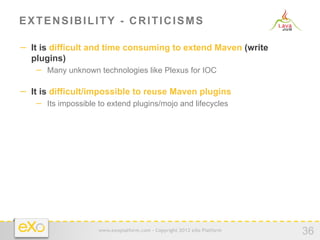 EXTENSIBILITY - CRITICISMS

−  It is difficult and time consuming to extend Maven (write
  plugins)
   −  Many unknown technologies like Plexus for IOC

−  It is difficult/impossible to reuse Maven plugins
   −  Its impossible to extend plugins/mojo and lifecycles




                     www.exoplatform.com - Copyright 2012 eXo Platform
                                                                         36
 