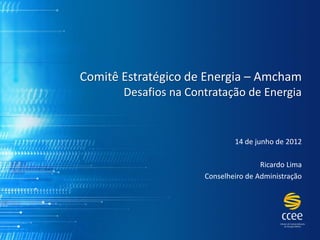 Comitê Estratégico de Energia – Amcham
       Desafios na Contratação de Energia


                              14 de junho de 2012

                                      Ricardo Lima
                      Conselheiro de Administração
 