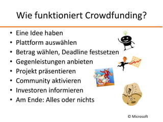 Wie funktioniert Crowdfunding?
•   Eine Idee haben
•   Plattform auswählen
•   Betrag wählen, Deadline festsetzen
•   Gegenleistungen anbieten
•   Projekt präsentieren
•   Community aktivieren
•   Investoren informieren
•   Am Ende: Alles oder nichts

                                         © Microsoft
 
