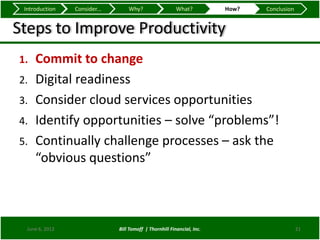 Introduction    Consider...       Why?                   What?          How?   Conclusion


Steps to Improve Productivity
1.   Commit to change
2.   Digital readiness
3.   Consider cloud services opportunities
4.   Identify opportunities – solve “problems”!
5.   Continually challenge processes – ask the
     “obvious questions”



  June 6, 2012                 Bill Tomoff | Thornhill Financial, Inc.                       21
 