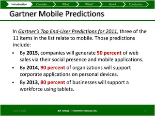 Introduction    Consider...       Why?                   What?          How?   Conclusion


Gartner Mobile Predictions
In Gartner’s Top End-User Predictions for 2011, three of the
11 items in the list relate to mobile. Those predictions
include:
• By 2015, companies will generate 50 percent of web
   sales via their social presence and mobile applications.
• By 2014, 90 percent of organizations will support
   corporate applications on personal devices.
• By 2013, 80 percent of businesses will support a
   workforce using tablets.


 June 6, 2012                 Bill Tomoff | Thornhill Financial, Inc.                       3
 