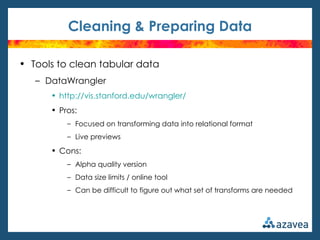 Cleaning & Preparing Data

• Tools to clean tabular data
   – DataWrangler
      • http://vis.stanford.edu/wrangler/
      • Pros:
          – Focused on transforming data into relational format
          – Live previews

      • Cons:
          – Alpha quality version
          – Data size limits / online tool
          – Can be difficult to figure out what set of transforms are needed
 