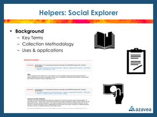 Helpers: Social Explorer

• Background
  – Key Terms
  – Collection Methodology
  – Uses & applications
 