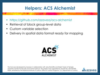 Helpers: ACS Alchemist

•   https://github.com/azavea/acs-alchemist 
•   Retrieval of block group-level data
•   Custom variable selection
•   Delivery in spatial data format ready for mapping




This tool was developed by Azavea in collaboration with Jerry Ratcliffe and Ralph Taylor of Temple
University Center for Security and Crime Science. This project was supported by Award No. 2010-DE-BX-
K004, awarded by the National Institute of Justice, Office of Justice Programs, U.S. Department of Justice.
 