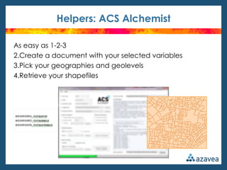 Helpers: ACS Alchemist

As easy as 1-2-3
2.Create a document with your selected variables
3.Pick your geographies and geolevels
4.Retrieve your shapefiles
 