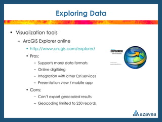Exploring Data

• Visualization tools
   – ArcGIS Explorer online
       • http://www.arcgis.com/explorer/
       • Pros:
           – Supports many data formats
           – Online digitizing
           – Integration with other Esri services
           – Presentation view / mobile app

       • Cons:
           – Can’t export geocoded results
           – Geocoding limited to 250 records
 