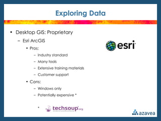 Exploring Data

• Desktop GIS: Proprietary
   – Esri ArcGIS
      • Pros:
          – Industry standard
          – Many tools
          – Extensive training materials
          – Customer support

      • Cons:
          – Windows only
          – Potentially expensive *


            *
 