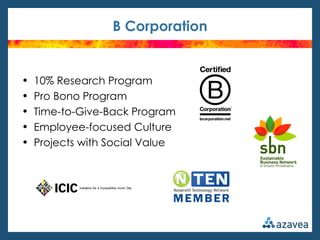 B Corporation


•   10% Research Program
•   Pro Bono Program
•   Time-to-Give-Back Program
•   Employee-focused Culture
•   Projects with Social Value
 