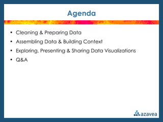 Agenda

• Cleaning & Preparing Data
• Assembling Data & Building Context
• Exploring, Presenting & Sharing Data Visualizations
• Q&A
 
