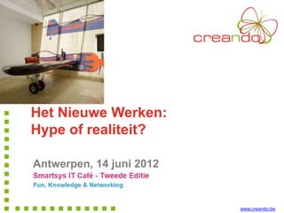 Het Nieuwe Werken:
Hype of realiteit?

Antwerpen, 14 juni 2012


                          www.creando.be
 