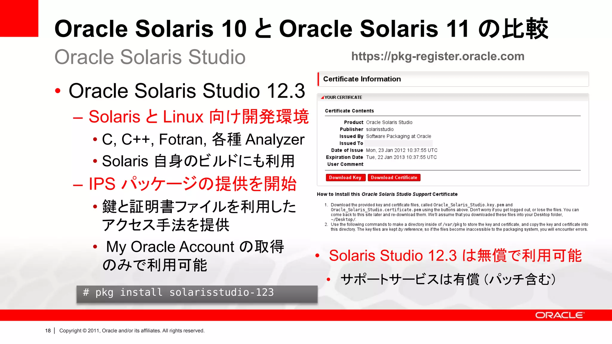 Oracle Solaris 10 と Oracle Solaris 11 の比較
     Oracle Solaris Studio                                                          https://pkg-register.oracle.com


     • Oracle Solaris Studio 12.3
               – Solaris と Linux 向け開発環境
                        • C, C++, Fotran, 各種 Analyzer
                        • Solaris 自身のビルドにも利用
               – IPS パッケージの提供を開始
                        • 鍵と証明書ファイルを利用した
                          アクセス手法を提供
                        • My Oracle Account の取得
                                                                                • Solaris Studio 12.3 は無償で利用可能
                          のみで利用可能
                                                                                 • サポートサービスは有償 (パッチ含む)
                    # pkg install solarisstudio-123


18   |   Copyright © 2011, Oracle and/or its affiliates. All rights reserved.
 