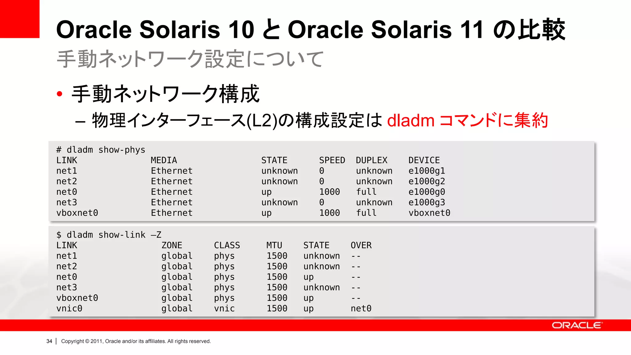 Oracle Solaris 10 と Oracle Solaris 11 の比較
     手動ネットワーク設定について
     • 手動ネットワーク構成
               – 物理インターフェース(L2)の構成設定は dladm コマンドに集約
     # dladm show-phys
     LINK                                        MEDIA                                  STATE        SPEED   DUPLEX    DEVICE
     net1                                        Ethernet                               unknown      0       unknown   e1000g1
     net2                                        Ethernet                               unknown      0       unknown   e1000g2
     net0                                        Ethernet                               up           1000    full      e1000g0
     net3                                        Ethernet                               unknown      0       unknown   e1000g3
     vboxnet0                                    Ethernet                               up           1000    full      vboxnet0

     $ dladm show-link –Z
     LINK                ZONE                                                   CLASS    MTU      STATE      OVER
     net1                global                                                 phys     1500     unknown    --
     net2                global                                                 phys     1500     unknown    --
     net0                global                                                 phys     1500     up         --
     net3                global                                                 phys     1500     unknown    --
     vboxnet0            global                                                 phys     1500     up         --
     vnic0               global                                                 vnic     1500     up         net0


34   |   Copyright © 2011, Oracle and/or its affiliates. All rights reserved.
 