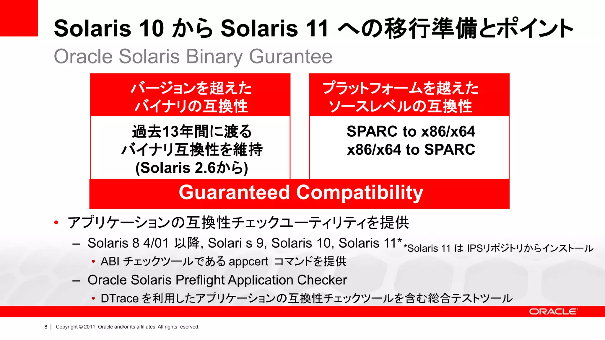 Solaris 10 から Solaris 11 への移行準備とポイント
        Oracle Solaris Binary Gurantee
                              バージョンを超え
                                バージョンを超えた                                      プラットフォームを越えた
                                バイナリの互換性                                       ソースレベルの互換性
                              た
                                過去13年間に渡る                                        SPARC to x86/x64
                              バイナリ互換性
                               バイナリ互換性を維持                                        x86/x64 to SPARC
                                             (Solaris 2.6から)
                                                                 Guaranteed Compatibility
        • アプリケーションの互換性チェックユーティリティを提供
               – Solaris 8 4/01 以降, Solari s 9, Solaris 10, Solaris 11* *Solaris 11 は IPSリポジトリからインストール
                        • ABI チェックツールである appcert コマンドを提供
               – Oracle Solaris Preflight Application Checker
                        • DTrace を利用したアプリケーションの互換性チェックツールを含む総合テストツール

8   |   Copyright © 2011, Oracle and/or its affiliates. All rights reserved.
 