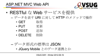 ASP.NET MVC Web API

? RESTful  Web `ӥṩ
  C ǩ` URI ˌ HTTP Υ᥽åɤǲ
     ? GET    ȡ
     ? PUT    
     ? POST   ׷
     ? DELETE 

  C ǩ`ʽΘ˜ʤ JSON
    ? JQuery Mobile ȤΥǩ`BЯȤ
             VSUG DAY - Winter 2012.06.16
 