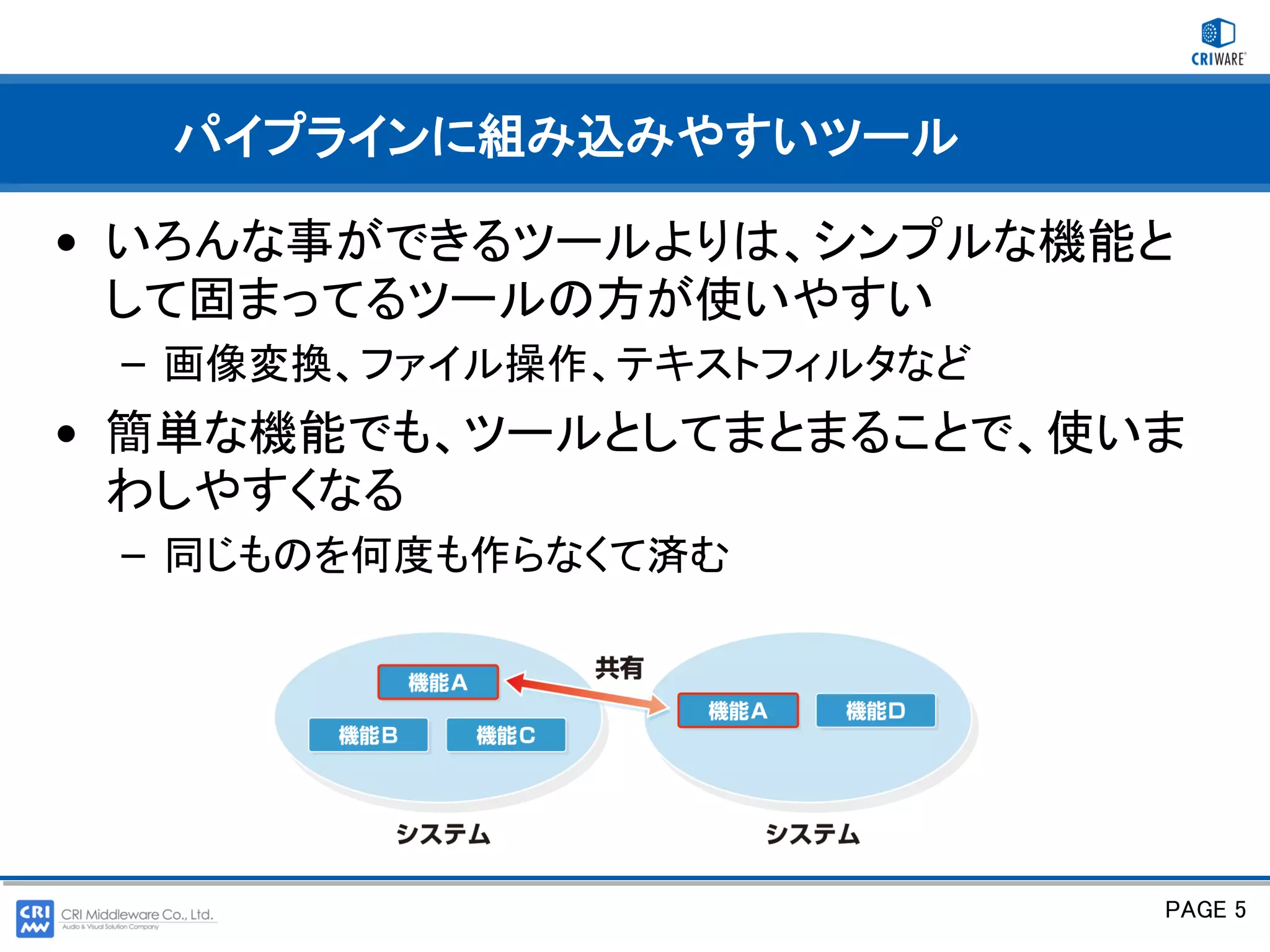 パイプラインに組み込みやすいツール

• いろんな事ができるツールよりは、シンプルな機能と
  して固まってるツールの方が使いやすい
 – 画像変換、ファイル操作、テキストフィルタなど
• 簡単な機能でも、ツールとしてまとまることで、使いま
  わしやすくなる
 – 同じものを何度も作らなくて済む




                            PAGE 5
 