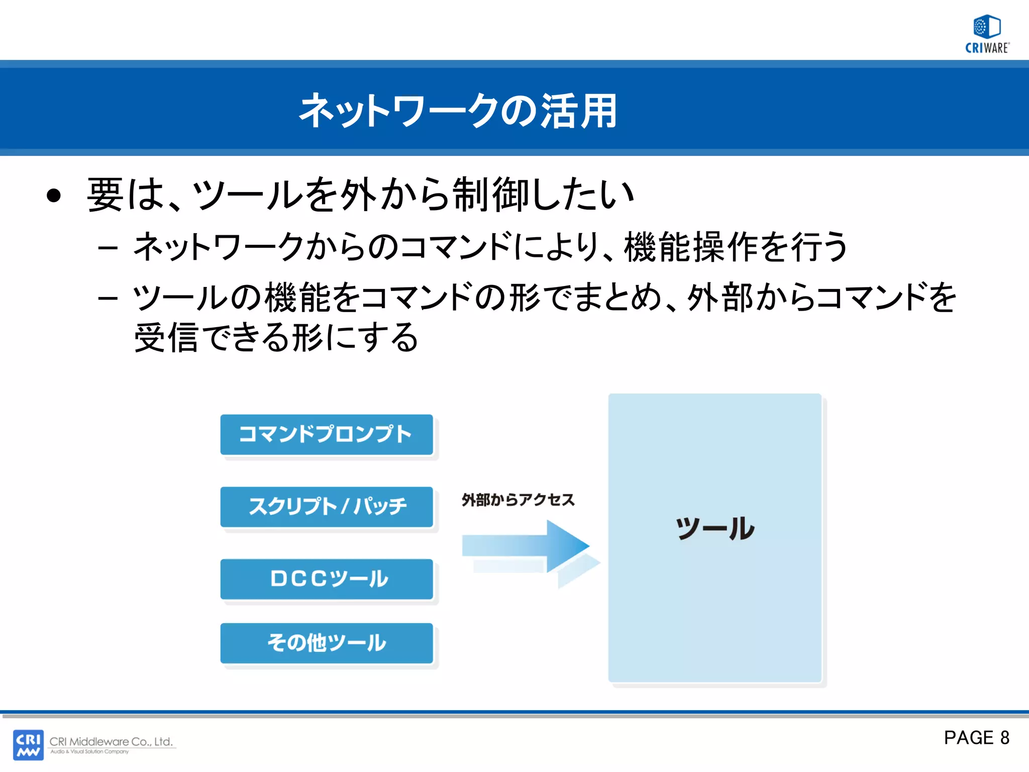 ネットワークの活用

• 要は、ツールを外から制御したい
 – ネットワークからのコマンドにより、機能操作を行う
 – ツールの機能をコマンドの形でまとめ、外部からコマンドを
   受信できる形にする




                             PAGE 8
 
