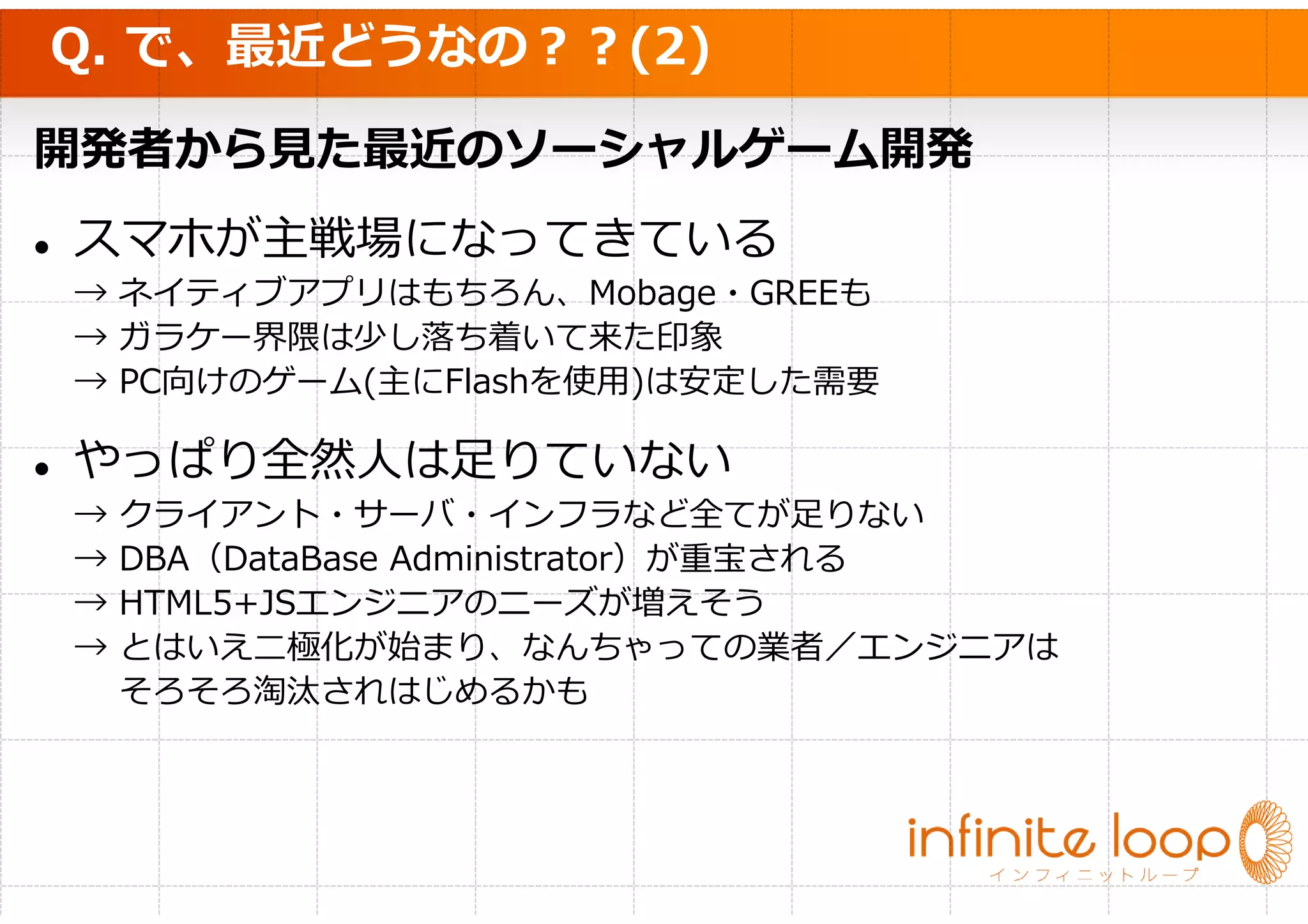 Q. で、最近どうなの？？(2)

開発者から⾒た最近のソーシャルゲーム開発
スマホが主戦場になってきている
→ ネイティブアプリはもちろん、Mobage・GREEも
→ ガラケー界隈は少し落ち着いて来た印象
→ PC向けのゲーム(主にFlashを使用)は安定した需要

やっぱり全然人は足りていない
→   クライアント・サーバ・インフラなど全てが足りない
→   DBA（DataBase Administrator）が重宝される
→   HTML5+JSエンジニアのニーズが増えそう
→   とはいえ二極化が始まり、なんちゃっての業者／エンジニアは
    そろそろ淘汰されはじめるかも
 