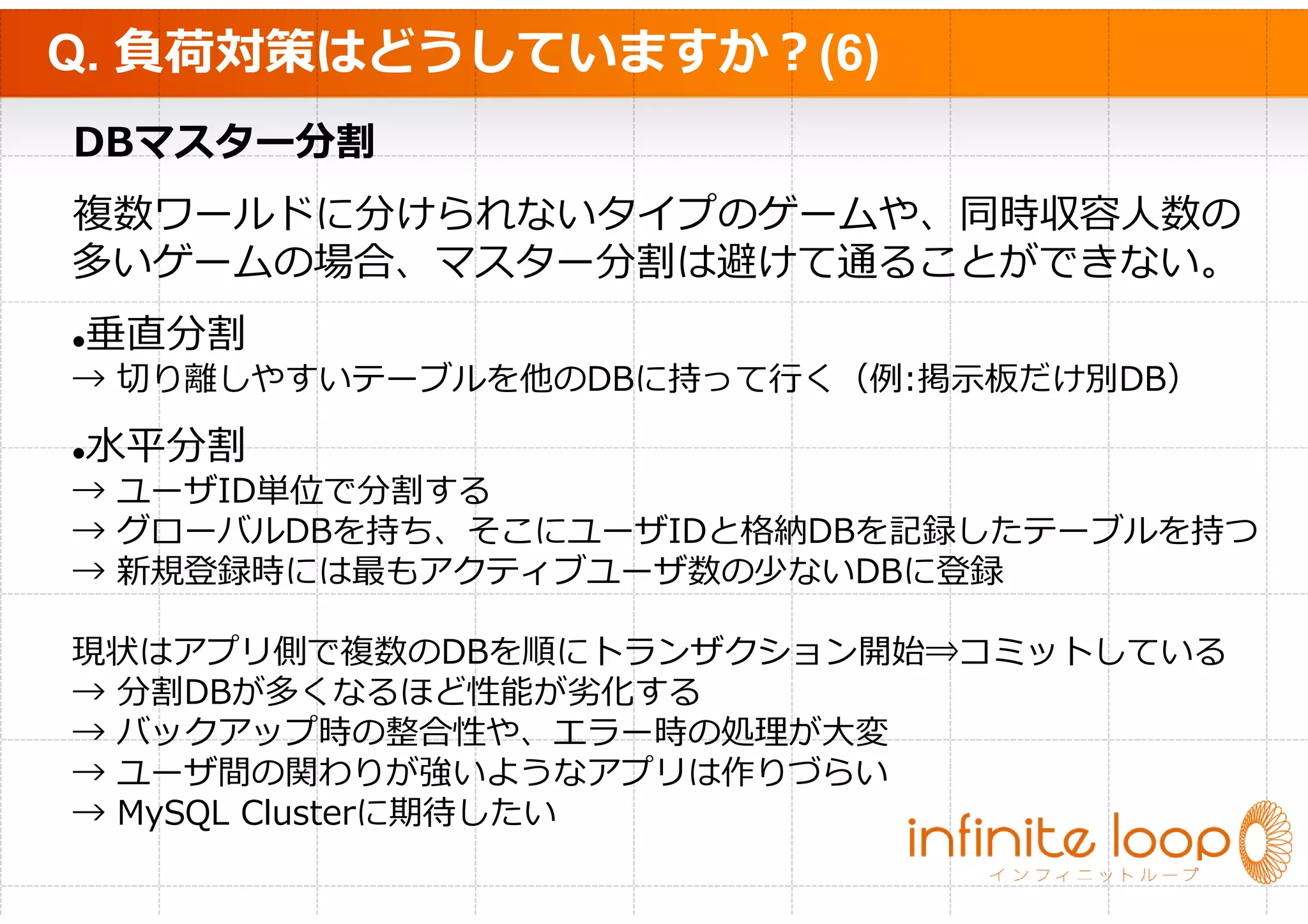 Q. 負荷対策はどうしていますか？(6)
DBマスター分割
複数ワールドに分けられないタイプのゲームや、同時収容人数の
多いゲームの場合、マスター分割は避けて通ることができない。
垂直分割
→ 切り離しやすいテーブルを他のDBに持って⾏く（例:掲示板だけ別DB）

水平分割
→ ユーザID単位で分割する
→ グローバルDBを持ち、そこにユーザIDと格納DBを記録したテーブルを持つ
→ 新規登録時には最もアクティブユーザ数の少ないDBに登録

現状はアプリ側で複数のDBを順にトランザクション開始⇒コミットしている
→ 分割DBが多くなるほど性能が劣化する
→ バックアップ時の整合性や、エラー時の処理が⼤変
→ ユーザ間の関わりが強いようなアプリは作りづらい
→ MySQL Clusterに期待したい
 