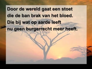 Door de wereld gaat een stoet
die de ban brak van het bloed.
Die bij wat op aarde leeft
nu geen burgerrecht meer heeft.
 