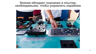 Экипаж обладает знаниями и опытом,
необходимыми, чтобы управлять кораблем




                                         7
 