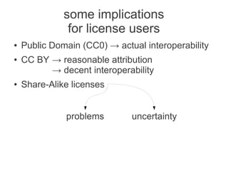 some implications
               for license users
●   Public Domain (CC0) → actual interoperability
●   CC BY → reasonable attribution
          → decent interoperability
●   Share-Alike licenses


              problems        uncertainty
 