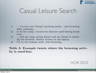 D
               behaviours documented so far.
               4.1 Need-less browsing                                                             d

                           Casual Leisure Search
                 Much like the desire to pass time at the television, we saw
               many examples (some shown in Table 3) of people passing
                                                                                                  a

               time typically associated with the ‘browsing’ keyword.                             5
                                                                                                  h
                    1)   ... I’m not even *doing* anything useful... just browsing
                         eBay aimlessly...
                                                                                                  f
                    2)   to do list today: browse the Internet until fasting break                o
                         time..                                                                   S
                    3)   ... just got done eating dinner and my family is watch-
                         ing the football. Rather browse on the laptop
                                                                                                  i
                    4)   I’m at the dolphin mall. Just browsing.                                  b
                                                                                                  a
               Table 3: Example tweets where the browsing activ-                                  d
               ity is need-less.                                                                  f
                                                                                                  t
                From the collected tweets it is clear that often the inform-                      s
           ation-need in these situations are not only fuzzy, but2010
                                                               HCIR typi-                         W
           cally absent. The aim appears to be focused on the activity,                           t
           where the measure of success would be in how much they
Dr Max L. Wilson                                                     http://cs.nott.ac.uk/~mlw/
Monday, 2 July 12
 