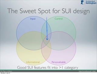 The Sweet Spot for SUI design
                            Input          Control




                         Informational   Personalisable

                    Good SUI features ﬁt into >1 category
Dr Max L. Wilson                                            http://cs.nott.ac.uk/~mlw/
Monday, 2 July 12
 
