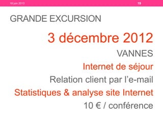 GRANDE EXCURSION
3 décembre 2012
VANNES
Internet de séjour
Relation client par l’e-mail
Statistiques & analyse site Internet
10 € / conférence
18 juin 2013 19
 