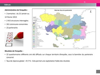 Méthode
Administration de l’enquête :
▪ 3 semaines : du 21 Janvier au
12 Février 2013
▪ 2 415 structures interrogées
▪ 261 communes concernées
▪ 22 partenaires
Résultats de l’enquête :
▪ 22 questionnaires différents ont été diffusés sur chaque territoire d’enquête, sous la bannière du partenaire
concerné
▪ Taux de réponse global : 37,7 % - Cela permet une exploitation fiable des résultats
51
 