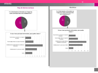 ATTENTES
Morbihan
Non
52%
Oui
48%
Y a t-il des besoins en formation sur
l'usage des outils numériques dans
votre établissement ?
0 20 40 60 80 100 120
Autres
L'établissement n'y voit aucun intérêt
L'établissement n'y voit aucun intérêt
Pas de budget alloué à ce type de
formation
L'établissement possède déjà les
compétences nécessaires
Si vous n'avez pas besoin de formation, pour quelles
raisons ?
Si vous n'avez pas besoin de formation, pour quelles raisons ?
Pas de temps à consacrer à ce type de
formation
Pays de Vannes-Lanvaux
Non
47%Oui
53%
Y a t-il des besoins en formation sur l'usage des
outils numériques dans votre établissement ?
0 2 4 6 8 10 12 14 16
Autres
L'établissement possède déjà les compétences
nécessaires
Pas de budget alloué à ce type de formation
Pas de temps à consacrer à ce type de
formation
61
 