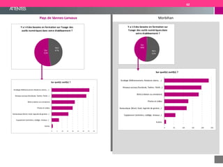 ATTENTES
Morbihan
0 50 100 150 200 250
Autres
Equipement (entretien, cablâge, réseaux...)
Bureautique (Word, Excel, logiciels de gestion...)
Photos et vidéos
Web (création ou animation)
Réseaux sociaux (Facebook, Twitter, FlickR...)
Stratégie (Référencement, Relations clients, ...)
Stratégie (Référencement, Relations clients, ...)
Sur quel(s) outil(s) ?
Non
52%
Oui
48%
Y a t-il des besoins en formation sur
l'usage des outils numériques dans
votre établissement ?
Pays de Vannes-Lanvaux
Non
47%Oui
53%
Y a t-il des besoins en formation sur l'usage des
outils numériques dans votre établissement ?
0 5 10 15 20 25 30 35 40
Autres
Equipement (entretien, cablâge, réseaux...)
Bureautique (Word, Excel, logiciels de gestion...)
Photos et vidéos
Web (création ou animation)
Réseaux sociaux (Facebook, Twitter, FlickR...)
Sur quel(s) outil(s) ?
62
 