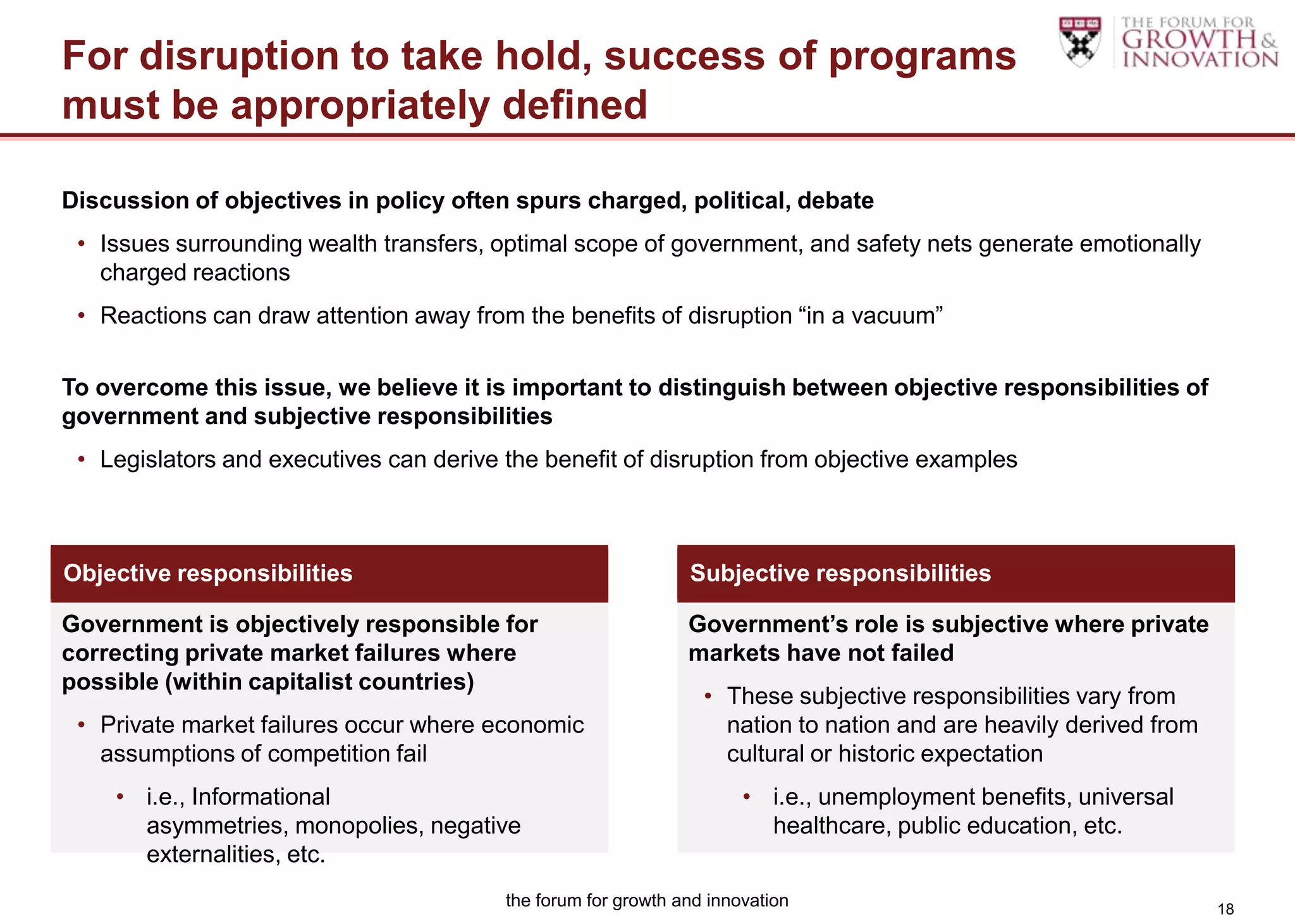 For disruption to take hold, success of programs
must be appropriately defined

Discussion of objectives in policy often spurs charged, political, debate
 • Issues surrounding wealth transfers, optimal scope of government, and safety nets generate emotionally
   charged reactions
 • Reactions can draw attention away from the benefits of disruption “in a vacuum”

To overcome this issue, we believe it is important to distinguish between objective responsibilities of
government and subjective responsibilities
 • Legislators and executives can derive the benefit of disruption from objective examples



Objective responsibilities                                     Subjective responsibilities

Government is objectively responsible for                      Government’s role is subjective where private
correcting private market failures where                       markets have not failed
possible (within capitalist countries)
                                                                 • These subjective responsibilities vary from
 • Private market failures occur where economic                    nation to nation and are heavily derived from
   assumptions of competition fail                                 cultural or historic expectation
    • i.e., Informational                                             • i.e., unemployment benefits, universal
      asymmetries, monopolies, negative                                 healthcare, public education, etc.
      externalities, etc.
                                         the forum for growth and innovation                                       18
 