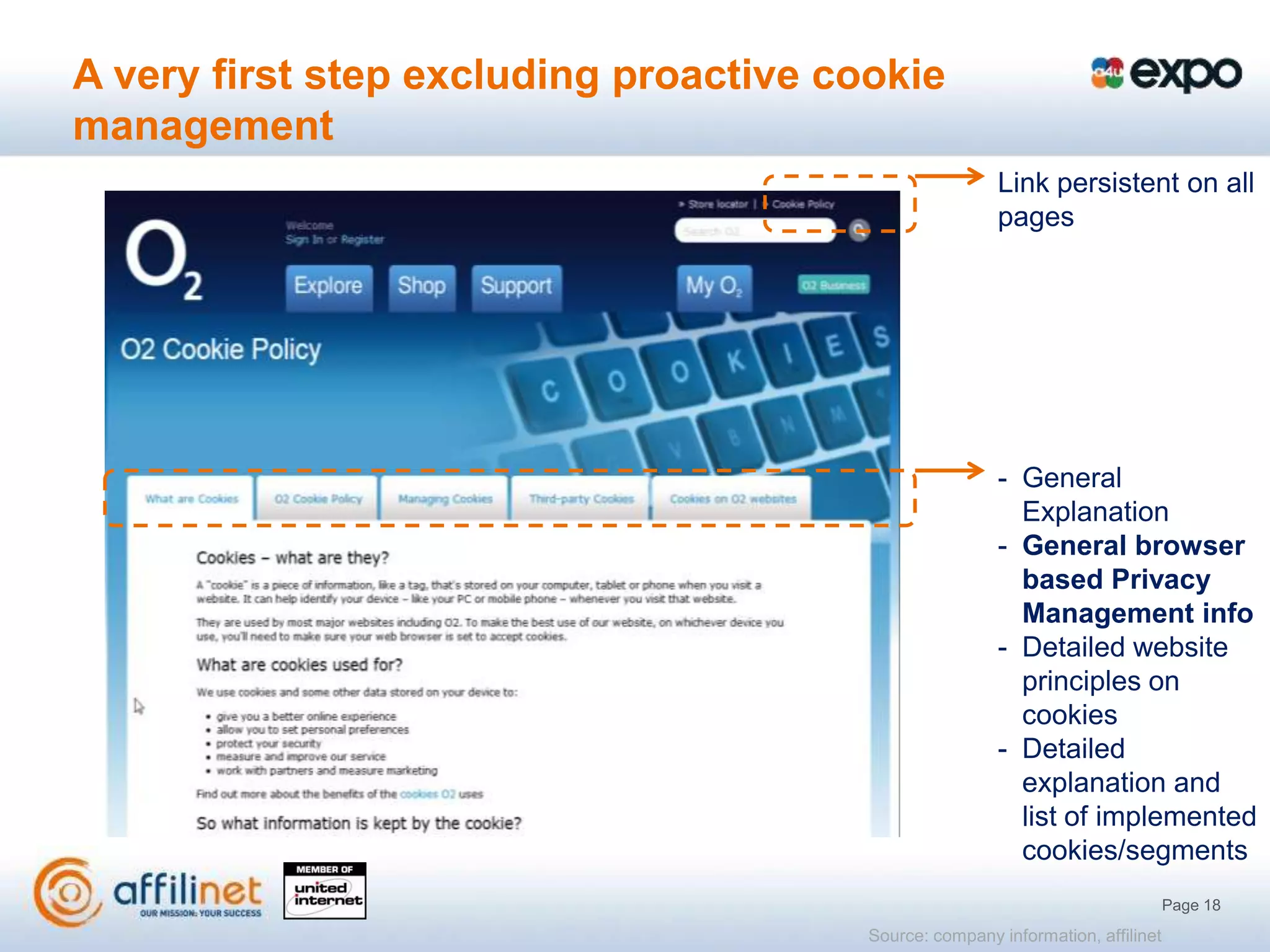 A very first step excluding proactive cookie
management
                                                        Link persistent on all
                                                        pages




                                                        - General
                                                          Explanation
                                                        - General browser
                                                          based Privacy
                                                          Management info
                                                        - Detailed website
                                                          principles on
                                                          cookies
                                                        - Detailed
                                                          explanation and
                                                          list of implemented
                                                          cookies/segments
                                                                                 Page 18
                                        Source: company information, affilinet
 