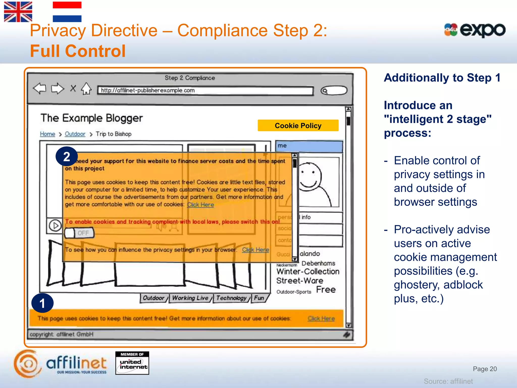 Privacy Directive – Compliance Step 2:
Full Control
                                               Additionally to Step 1

                                               Introduce an
                               Cookie Policy
                               Cookie Policy
                                               "intelligent 2 stage"
                                               process:

     2                                         - Enable control of
                                                 privacy settings in
                                                 and outside of
                                                 browser settings

                                               - Pro-actively advise
                                                 users on active
                                                 cookie management
                                                 possibilities (e.g.
                                                 ghostery, adblock
 1                                               plus, etc.)




                                                                           Page 20
                                                       Source: affilinet
 