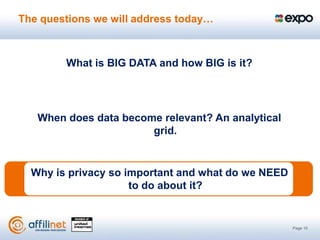 The questions we will address today…



        What is BIG DATA and how BIG is it?




   When does data become relevant? An analytical
                       grid.


  Why is privacy so important and what do we NEED
                     to do about it?


                                                    Page 10
 