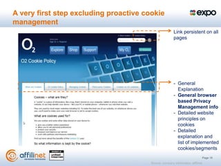 A very first step excluding proactive cookie
management
                                                        Link persistent on all
                                                        pages




                                                        - General
                                                          Explanation
                                                        - General browser
                                                          based Privacy
                                                          Management info
                                                        - Detailed website
                                                          principles on
                                                          cookies
                                                        - Detailed
                                                          explanation and
                                                          list of implemented
                                                          cookies/segments
                                                                                 Page 18
                                        Source: company information, affilinet
 