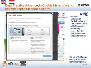 Best Practice Advanced - Cookie hierarchy and
segment specific cookie control

                                                - General
                                                  Explanation
                                                - Explicit privacy
                                                  and cookie setup
                                                - Affiliate cookies
                                                  potentially
                                                  grouped under
                                                  "strictly necessary
                                                  and performance"




                                                Pop-up on first page
                                                landing & persistant
                                                cookie settings link
                                                                              Page 21
                                     Source: company information, affilinet
 