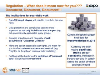 Regulation – What does it mean now for you???
Document, Document, Document!!!
The implications for your daily work
 Non-EU based players will need to comply to the new
  rules

 Data protection and compliance become more
  important as not only individuals can sue you (e.g.
  but also indirectly associated lobby groups)
                                                            Current timeplan suggest
 Growing Importance and necessity of well                        final date for
  documented "Customer Consent"                             implementation in 2016
 More and easier accessible user rights, will mean for        Currently the draft
  you to offer customers access and controll (e.g.
                                                               means significant
  "Right to be forgotten", personal data portability)
                                                                 strains on our
 Profiling will be harder as the definition of "personal    operations, increase in
  data" is significantly broadened                          bureocracy and in certain
                                                            cases the death of whole
                                                                business models

                                                                                              Page 22
                                                                      Source: EU, affilinet
 