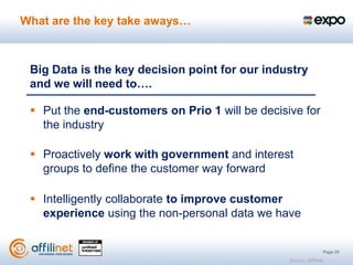 What are the key take aways…



 Big Data is the key decision point for our industry
 and we will need to….

  Put the end-customers on Prio 1 will be decisive for
   the industry

  Proactively work with government and interest
   groups to define the customer way forward

  Intelligently collaborate to improve customer
   experience using the non-personal data we have


                                                                     Page 25
                                                 Source: affilinet
 