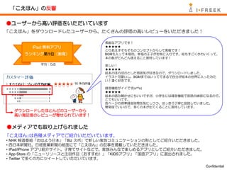 「こえほん」の反響


●ユーザーから高い評価をいただいています
「こえほん」をダウンロードしたユーザーから、たくさんの評価の高いレビューをいただきました！

                             素敵なアプリです！
        iPad 無料アプリ           ★★★★★
                             とりあえずそもそものコンセプトからして素敵です！
     ランキング第1位（教育）            BGMも入って本格的。幸福の王子がお気に入りです。絵もすごくかわいくって。
                             本の数がどんどん増えること期待しています！

          平均：5点              楽しい！
                             ★★★★★
                             絵本のほのぼのとした雰囲気が好きなので、ダウンロードしました。
                             イラスト可愛いし、BGMまではいっててまるで自分が絵本の世界に入ったみた
                             い！凄く好きです。

                             録音機能がイイです(o^^o)
                             ★★★★★
                             絵本の読み聞かせにもいいですが、小学生には録音機能で音読の練習になるので、
                             とてもいいです。
                             各ページの標準録音時間を気にしつつ、はっきり丁寧に音読していました。
                             簡易版でいいので、多くの本が出てくることに期待しています。
  ダウンロードしたほとんどのユーザーから
  高い満足度のレビューが寄せられています！


●メディアでも取り上げられました
「こえほん｣は各種メディアでご紹介いただいています。
・NHK 報道番組「おはよう日本」「Biz スポ」で新しい家族コミュニケーションの形としてご紹介いただきました。
・西日本新聞社、日経産業新聞の紙面にて「こえほん」の記事を掲載していただきました。
・iPad/iPhone アプリ紹介サイト、子育てサイトなどで、家族みんなで楽しめるアプリとしてご紹介いただきました。
・App Store の「ニューリリースと注目作品（おすすめ）」「KIDSアプリ」「国語アプリ」に選出されました。
・Twitter で多くの方にツイートしていただいています。

                                                              Confidential
 