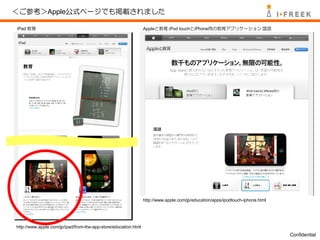 ＜ご参考＞Apple公式ページでも掲載されました

iPad 教育                                                          Appleと教育 iPod touchとiPhone用の教育アプリケーション 国語




                                                                 http://www.apple.com/jp/education/apps/ipodtouch-iphone.html




http://www.apple.com/jp/ipad/from-the-app-store/education.html
                                                                                                                                Confidential
 