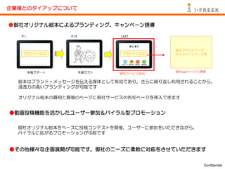 企業様とのタイアップについて


●御社オリジナル絵本によるブランディング、キャンペーン誘導

  P.1            P.10           LAST



                                           御社ブランドページ
   ブランド・ロゴ                      ブランド・ロゴ    キャンペーンページ等




        本編スタート          本編ラスト              御社webページへ誘導
                                御社サービス告知

  絵本はブランド・メッセージを伝える媒体として有効であり、さらに繰り返し利用されることから、
  浸透力の高いブランディングが可能です

  オリジナル絵本の最初と最後のページに御社サービスの告知ページを挿入できます


●動画投稿機能を活かしたユーザー参加＆バイラル型プロモーション

  御社オリジナル絵本をベースに投稿コンテストを開催、ユーザーに参加をいただきながら、
  バイラルに拡がるプロモーションが可能です


●その他様々な企画展開が可能です。御社のニーズに柔軟に対応をさせていただきます


                                                     Confidential
 