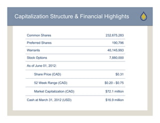 Capitalization Structure & Financial Highlights


     Common Shares                     232,675,283

     Preferred Shares                       190,796

     Warrants                           40,145,993

     Stock Options                        7,880,000

     As of June 01, 2012:

         Share Price (CAD)                    $0.31

         52 Week Range (CAD)           $0.20 - $0.75

         Market Capitalization (CAD)   $72.1 million

     Cash at March 31 2012 (USD)
                   31,                 $16.9
                                       $16 9 million
 