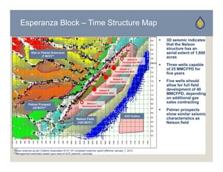 Esperanza Block – Time Structure Map

                                                                                                                       3D seismic indicates
                                                                                                                        that the Nelson
                                                                                                                        structure has an
               Kite or Palmer Extension                                                                                 aerial extent of 1,600
                                                                                                                                         1 600
                       (7 BCF)**                                                                                        acres
                                                                                                     Nelson-5
                                                                                                 Development Well
                                                                                                                       Three wells capable
                                                                                               Nelson-4                 of 25 MMCFPD for
                                                                                           Development Well
                                                                                                                        five years
                                                                                                                             y
                                                                                       Nelson-2
                                                                                    Discovery Well                     Five wells should
                                                                                                                        allow for full field
                                                                           Nelson-3                                     development of 40
                                                                       Confirmation Well                                MMCFPD, depending
                                                                                                                        on additional gas
                                                                                                                            dditi     l
                                                                Nelson-1                                                sales contracting
             Palmer Prospect
                                                            Development Well
                (30 BCF)**
                                                                                                                       Palmer prospects
                                                                                                   AVO Outline
                                                                                                                        show similar seismic
                                                       Nelson Field                                                     characteristics as
                                                        (163 BCF)*                                                      Nelson field




*Gross reserves as per Collarini Associates NI 51-101 compliant reserves report effective January 1, 2012
**Management estimates based upon area of AVO (seismic ) anomaly
 