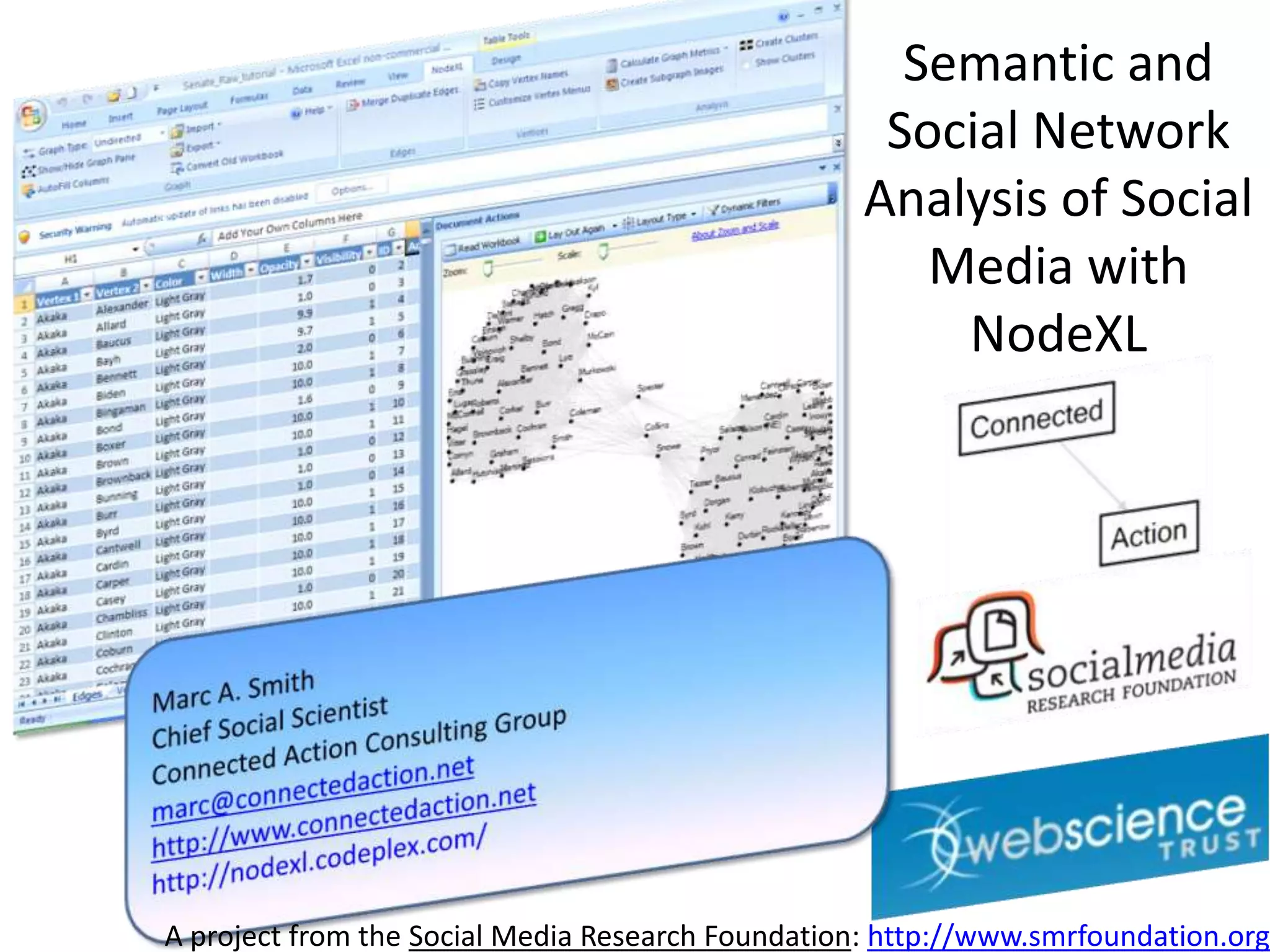 Semantic and
                                                    Social Network
                                                   Analysis of Social
                                                      Media with
                                                       NodeXL




A project from the Social Media Research Foundation: http://www.smrfoundation.org
 